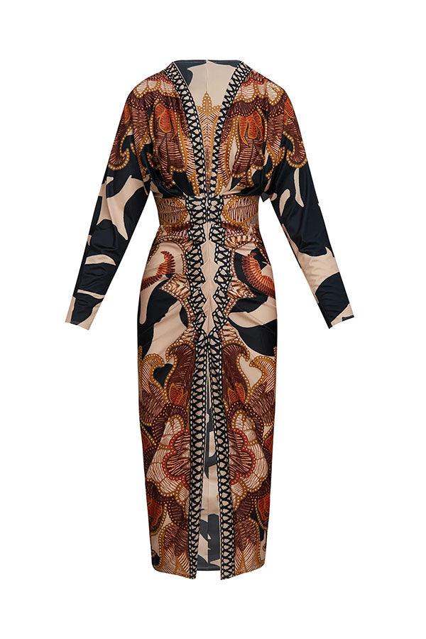 Celenor Multicolor Tribal Print Long Sleeve Midi Dress
