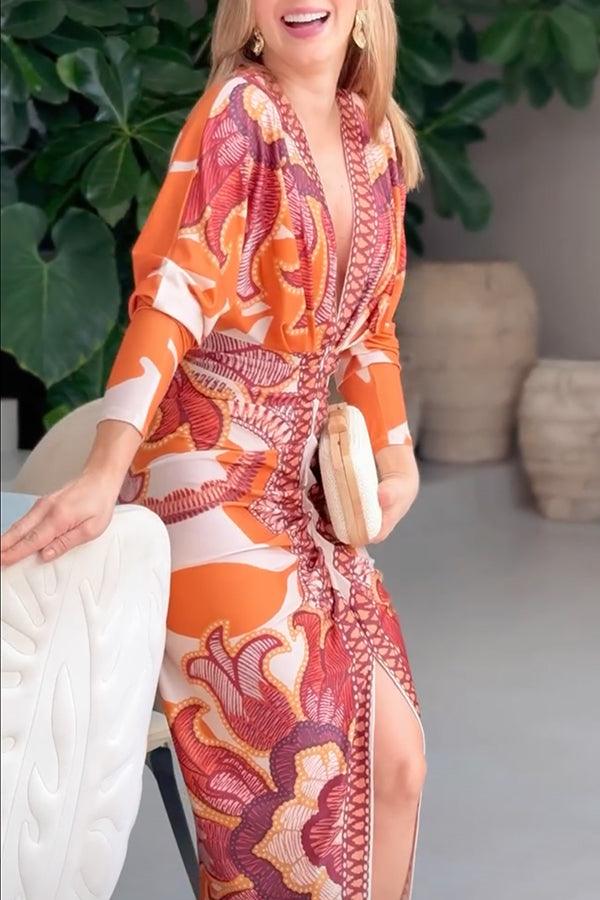 Celenor Multicolor Tribal Print Long Sleeve Midi Dress
