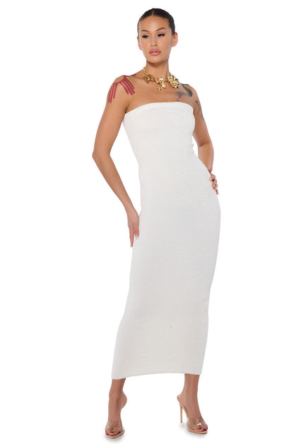 Celenor White Strapless Ribbed Knit Bodycon Tube Maxi Dress