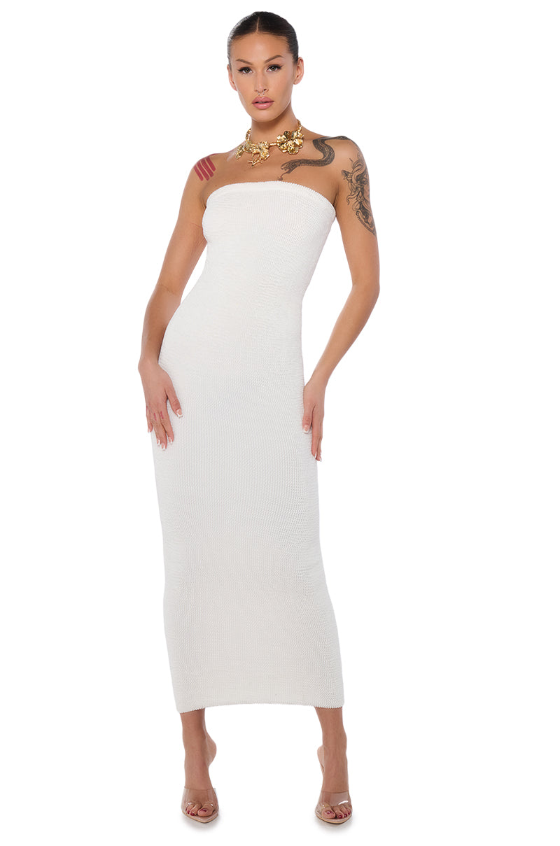 Celenor White Strapless Ribbed Knit Bodycon Tube Maxi Dress