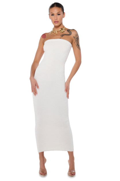 Celenor White Strapless Ribbed Knit Bodycon Tube Maxi Dress