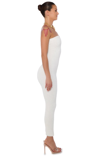 Celenor White Strapless Ribbed Knit Bodycon Tube Maxi Dress