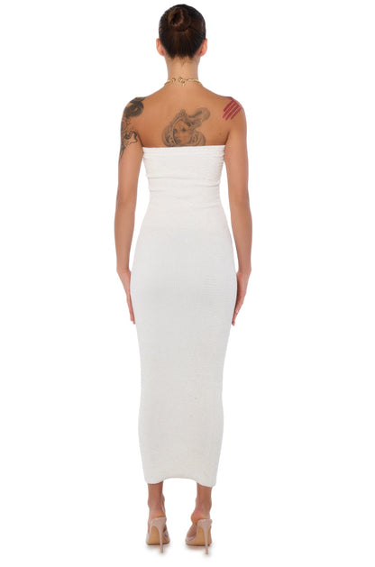 Celenor White Strapless Ribbed Knit Bodycon Tube Maxi Dress