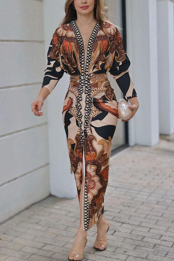 Celenor Multicolor Tribal Print Long Sleeve Midi Dress
