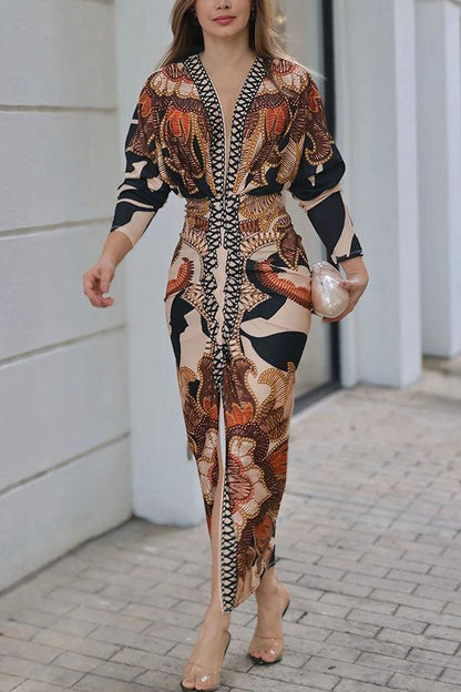 Celenor Multicolor Tribal Print Long Sleeve Midi Dress