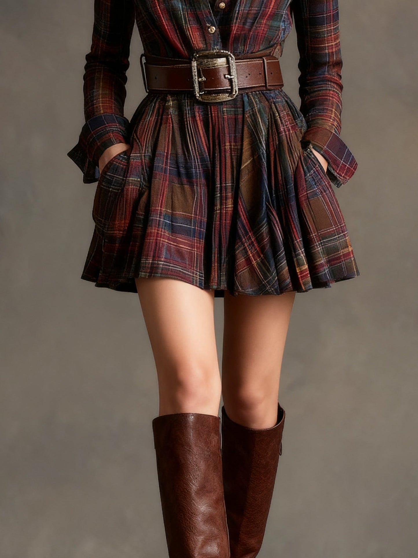 Celenor Plaid Belted Long Sleeve Collared Mini Dress