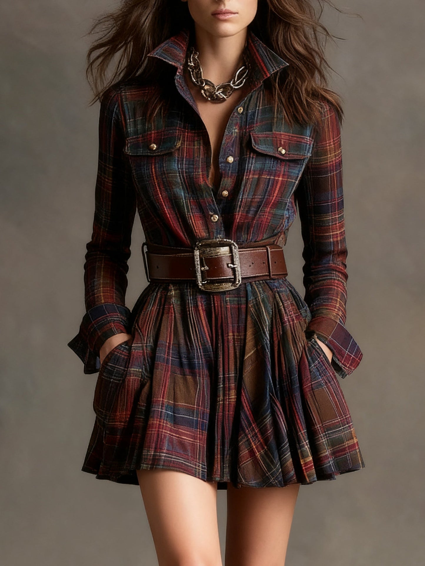 Celenor Plaid Belted Long Sleeve Collared Mini Dress