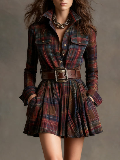 Celenor Plaid Belted Long Sleeve Collared Mini Dress