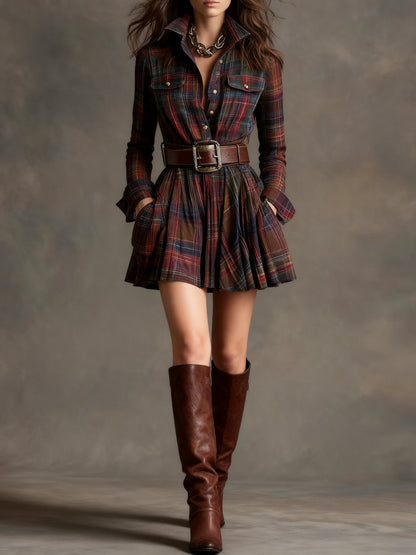 Celenor Plaid Belted Long Sleeve Collared Mini Dress