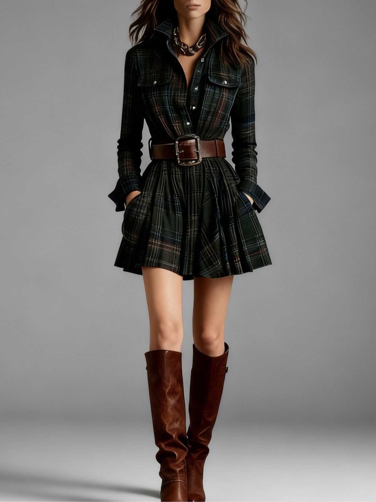 Celenor Plaid Belted Long Sleeve Collared Mini Dress