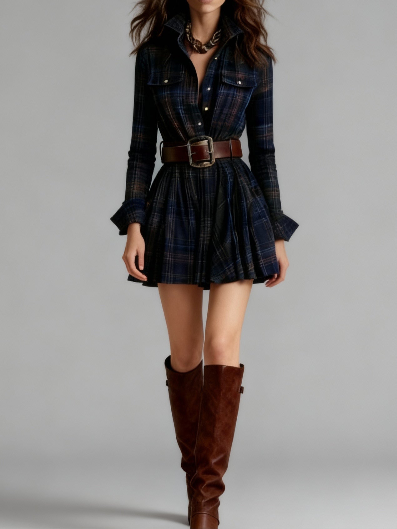 Celenor Plaid Belted Long Sleeve Collared Mini Dress