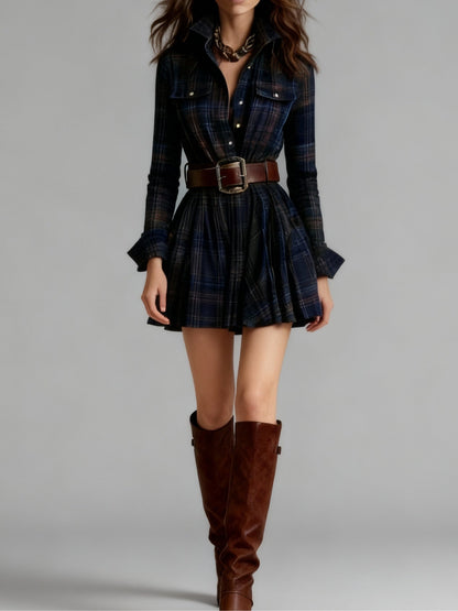 Celenor Plaid Belted Long Sleeve Collared Mini Dress