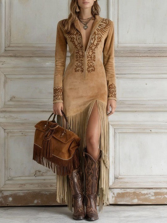 Celenor Fringe Embroidered Half-Zip V-Neck Maxi Dress