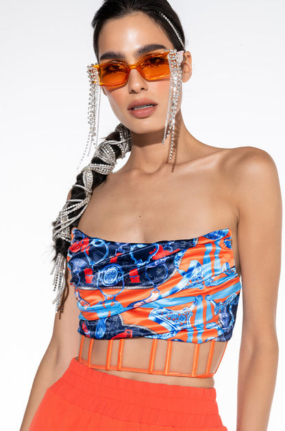 Celenor Blue Orange Satin Print Strapless Ruched Crop Top