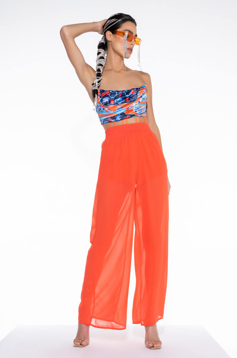 Celenor Blue Orange Satin Print Strapless Ruched Crop Top