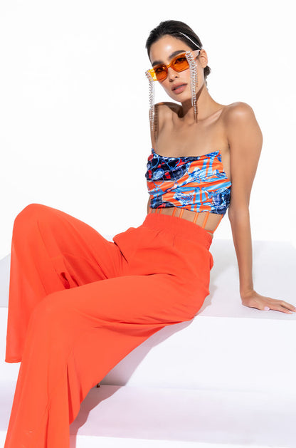 Celenor Blue Orange Satin Print Strapless Ruched Crop Top