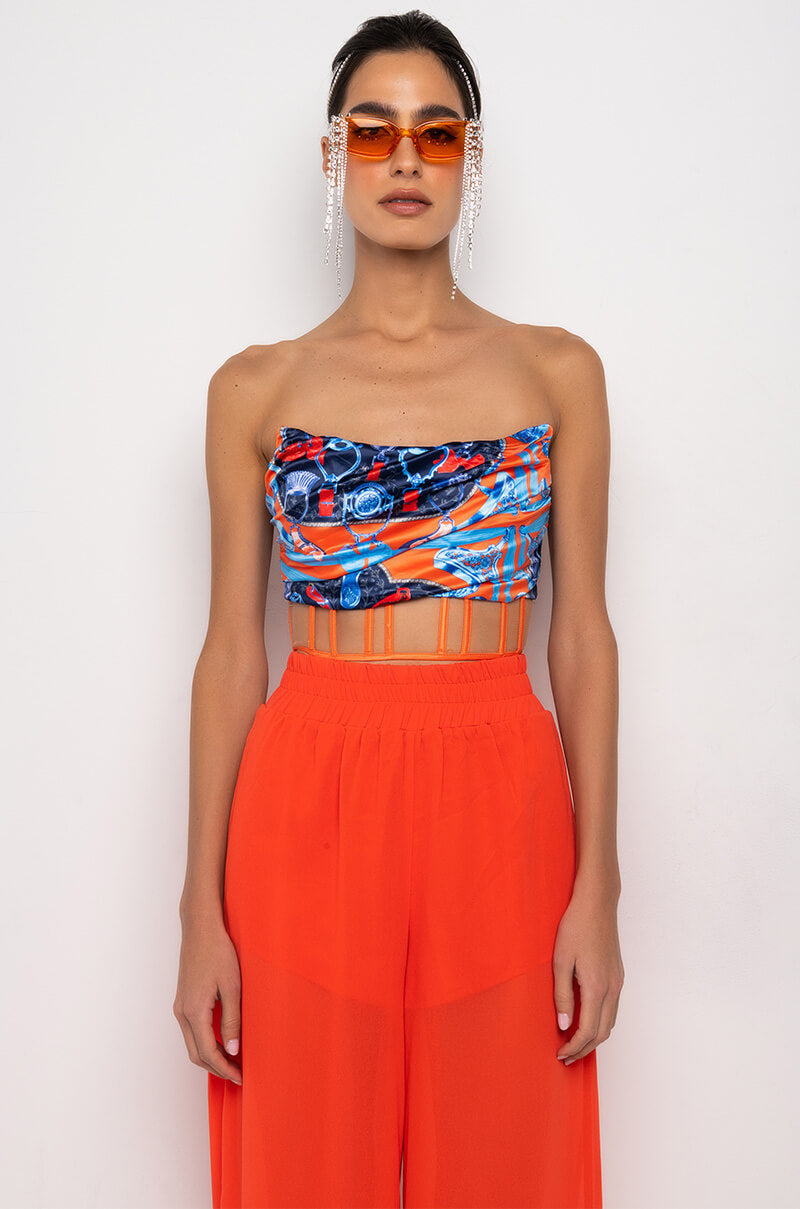Celenor Blue Orange Satin Print Strapless Ruched Crop Top