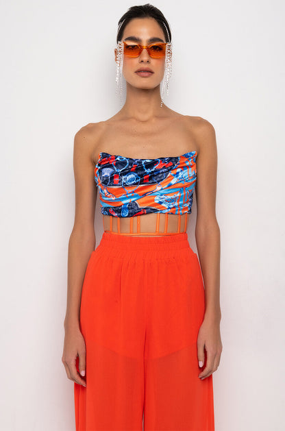 Celenor Blue Orange Satin Print Strapless Ruched Crop Top