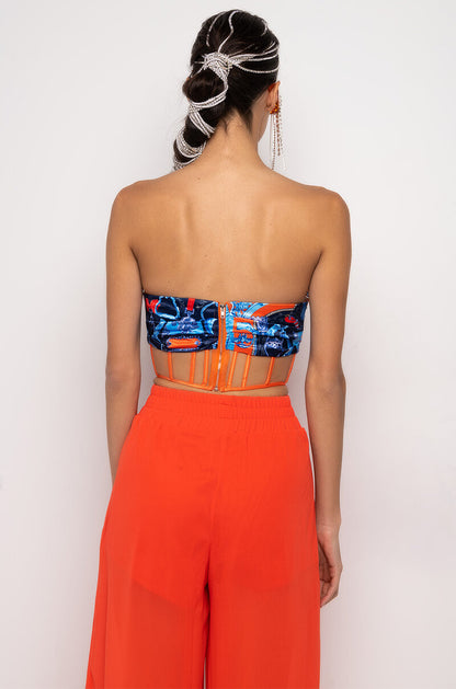 Celenor Blue Orange Satin Print Strapless Ruched Crop Top