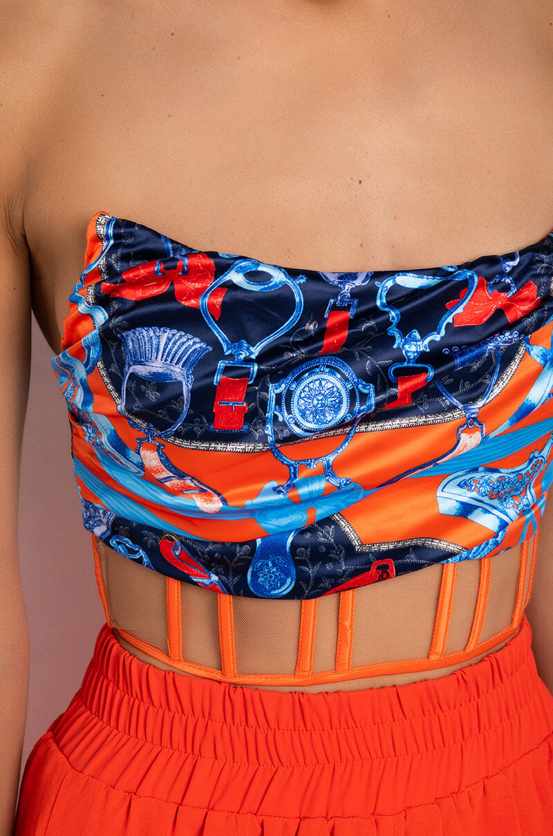 Celenor Blue Orange Satin Print Strapless Ruched Crop Top