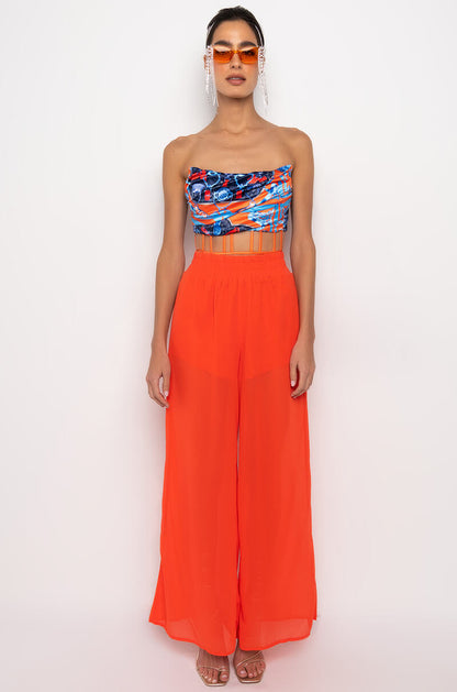 Celenor Blue Orange Satin Print Strapless Ruched Crop Top