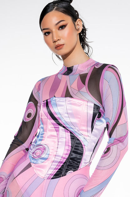 Celenor Pink Abstract Print Mesh Long Sleeve Satin Corset Top