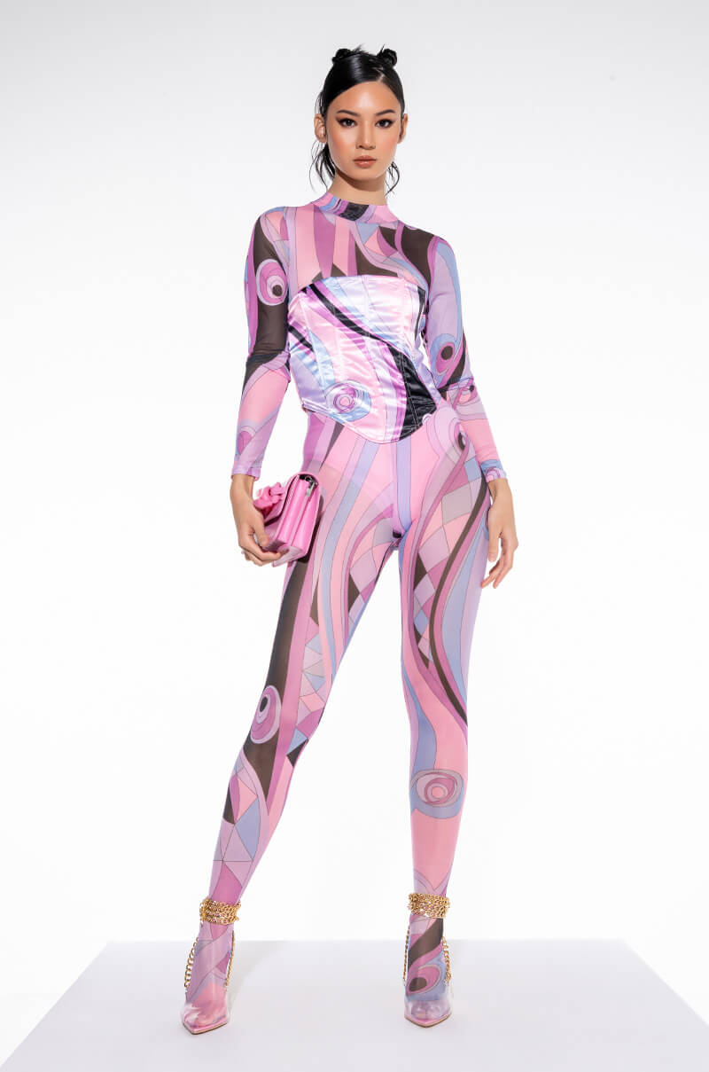 Celenor Pink Abstract Print Mesh Long Sleeve Satin Corset Top