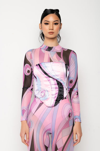 Celenor Pink Abstract Print Mesh Long Sleeve Satin Corset Top