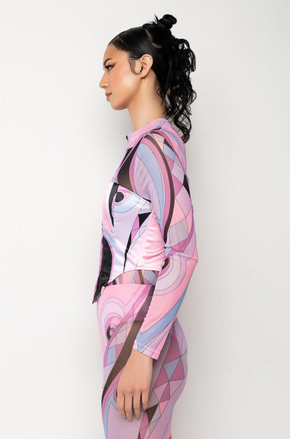 Celenor Pink Abstract Print Mesh Long Sleeve Satin Corset Top