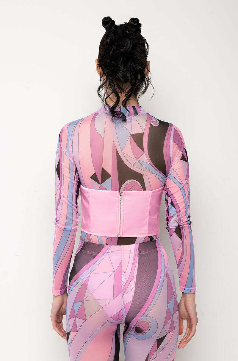 Celenor Pink Abstract Print Mesh Long Sleeve Satin Corset Top