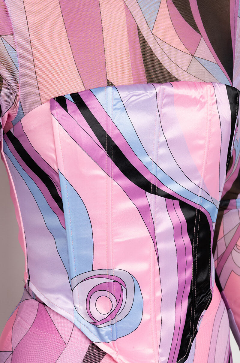 Celenor Pink Abstract Print Mesh Long Sleeve Satin Corset Top