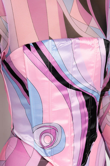 Celenor Pink Abstract Print Mesh Long Sleeve Satin Corset Top