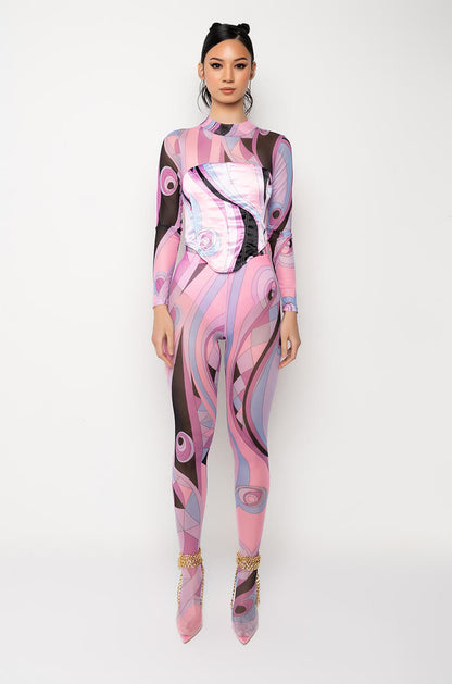 Celenor Pink Abstract Print Mesh Long Sleeve Satin Corset Top