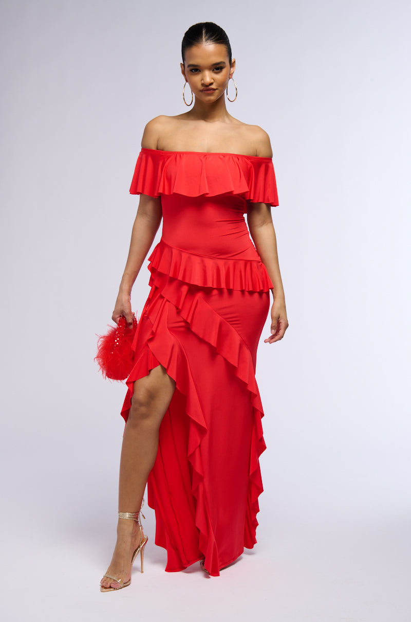 Celenor Red Off-Shoulder Tiered Ruffle Front Slit Maxi Dress