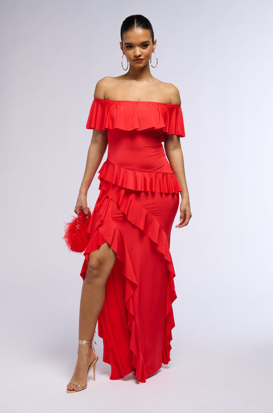 Celenor Red Off-Shoulder Tiered Ruffle Front Slit Maxi Dress