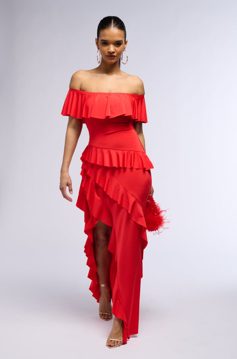 Celenor Red Off-Shoulder Tiered Ruffle Front Slit Maxi Dress