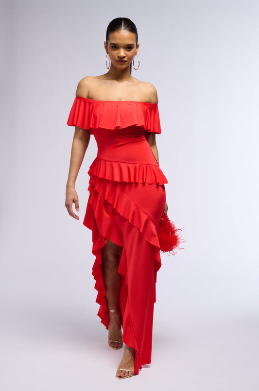 Celenor Red Off-Shoulder Tiered Ruffle Front Slit Maxi Dress