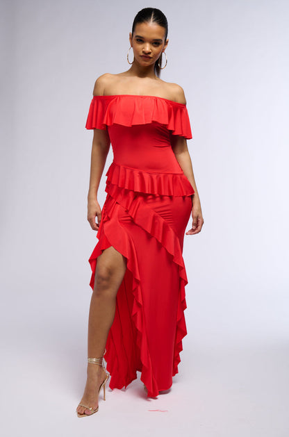Celenor Red Off-Shoulder Tiered Ruffle Front Slit Maxi Dress