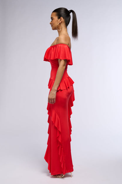 Celenor Red Off-Shoulder Tiered Ruffle Front Slit Maxi Dress
