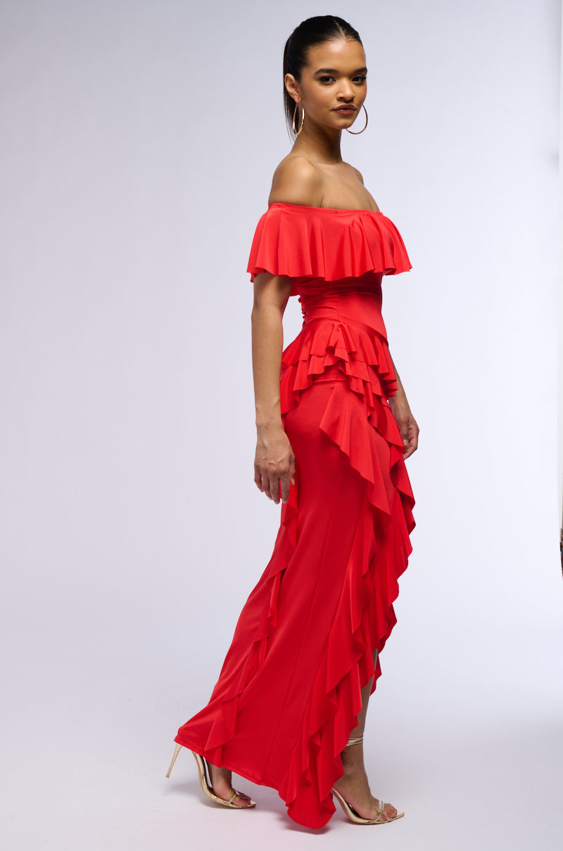 Celenor Red Off-Shoulder Tiered Ruffle Front Slit Maxi Dress