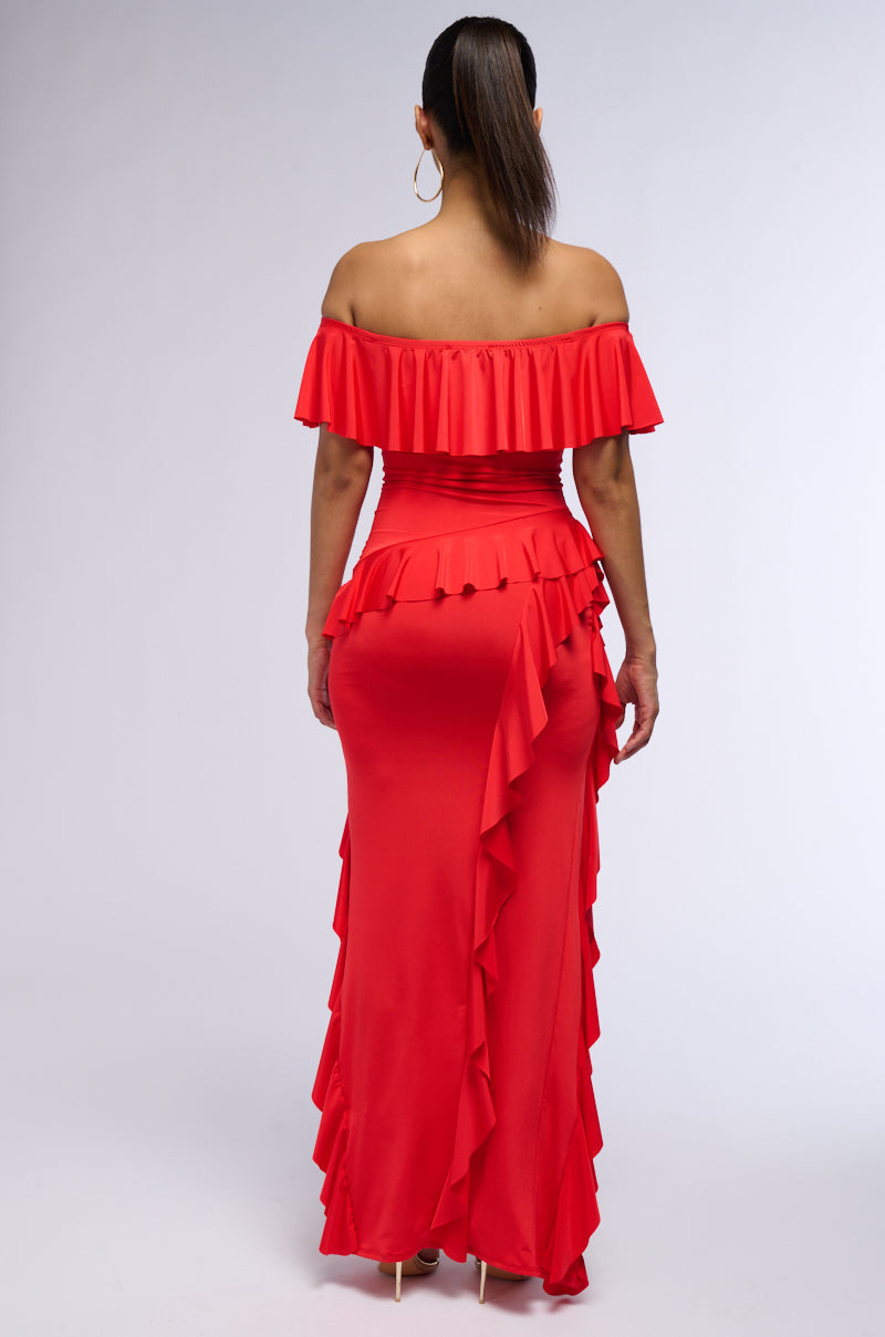 Celenor Red Off-Shoulder Tiered Ruffle Front Slit Maxi Dress