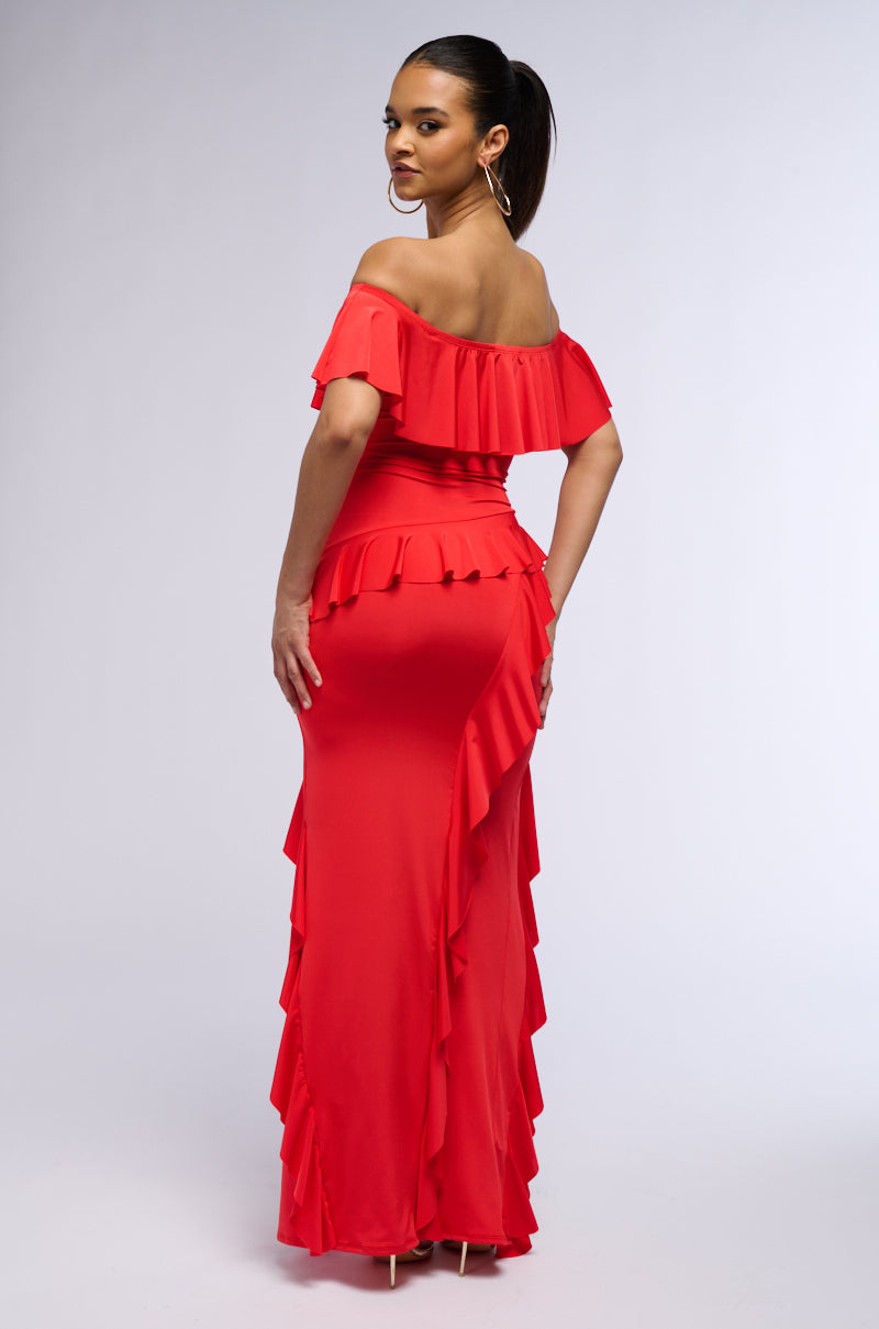 Celenor Red Off-Shoulder Tiered Ruffle Front Slit Maxi Dress