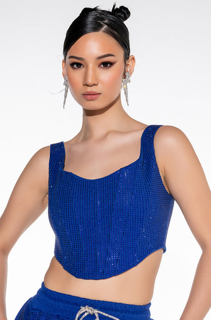 Celenor Blue Sparkle Rhinestone Square Neck Corset Crop Top