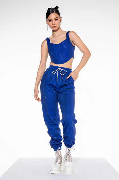 Celenor Blue Sparkle Rhinestone Square Neck Corset Crop Top