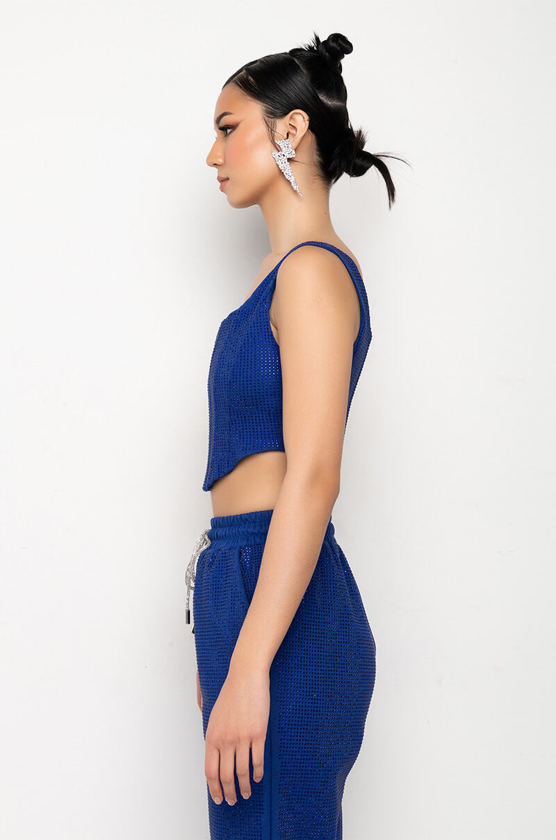 Celenor Blue Sparkle Rhinestone Square Neck Corset Crop Top