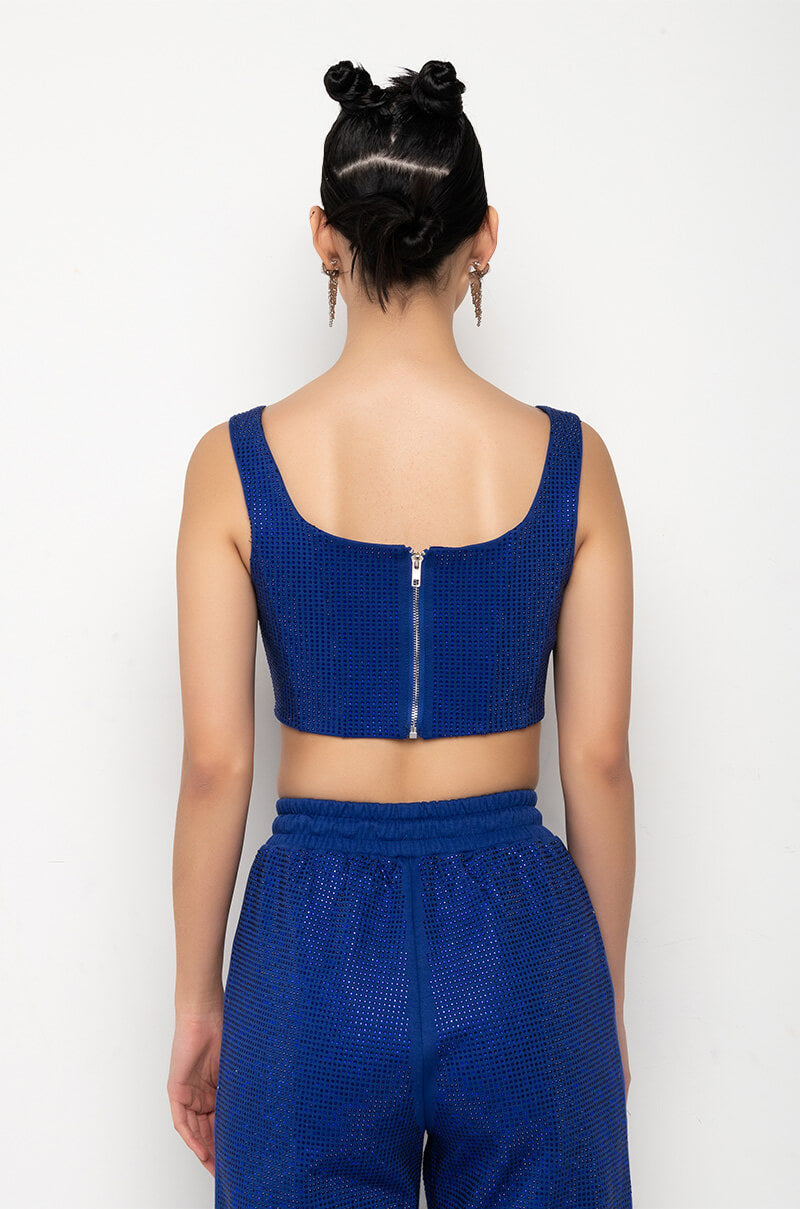 Celenor Blue Sparkle Rhinestone Square Neck Corset Crop Top