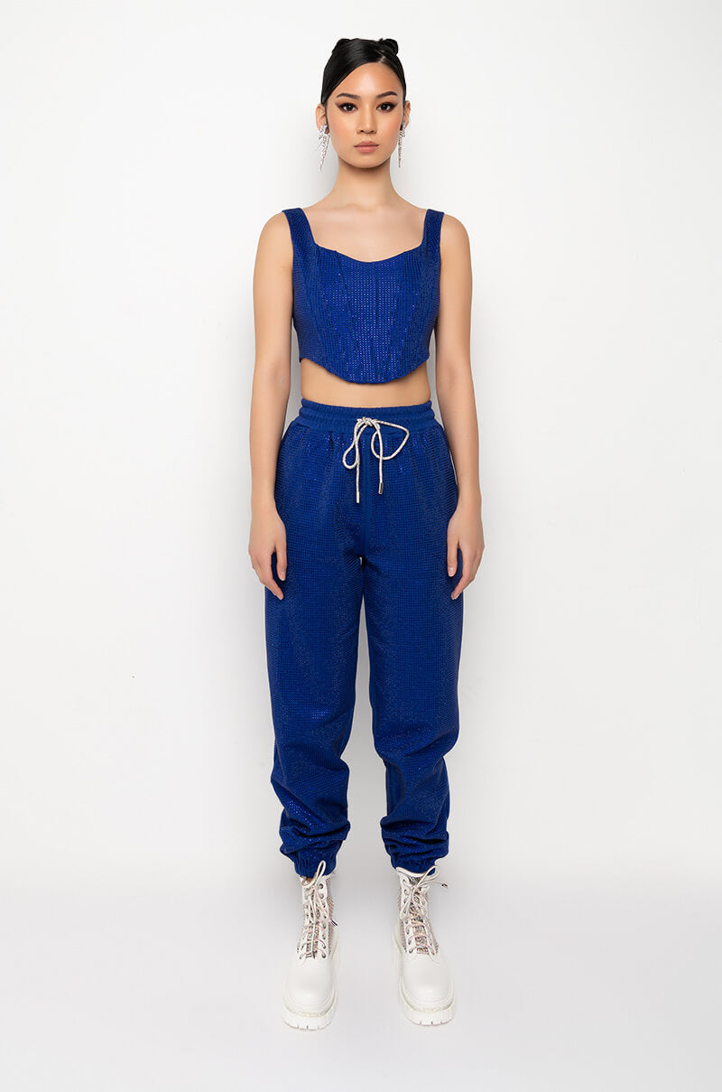 Celenor Blue Sparkle Rhinestone Square Neck Corset Crop Top