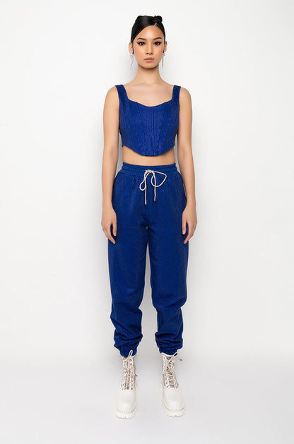 Celenor Blue Sparkle Rhinestone Square Neck Corset Crop Top