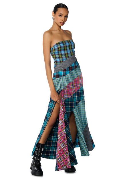 Celenor Strapless Plaid Patchwork Front Slit Maxi Dress