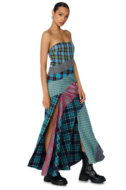 Celenor Strapless Plaid Patchwork Front Slit Maxi Dress